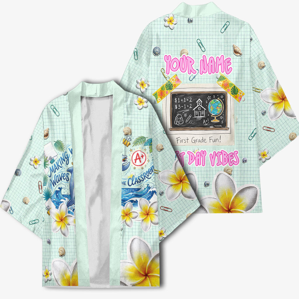 Personalized Hawaii Back To School Dolphin Kimono Grid Notebook Background With Dolphin Mascot And Plumeria Flowers TS04 - Polynesian Pride