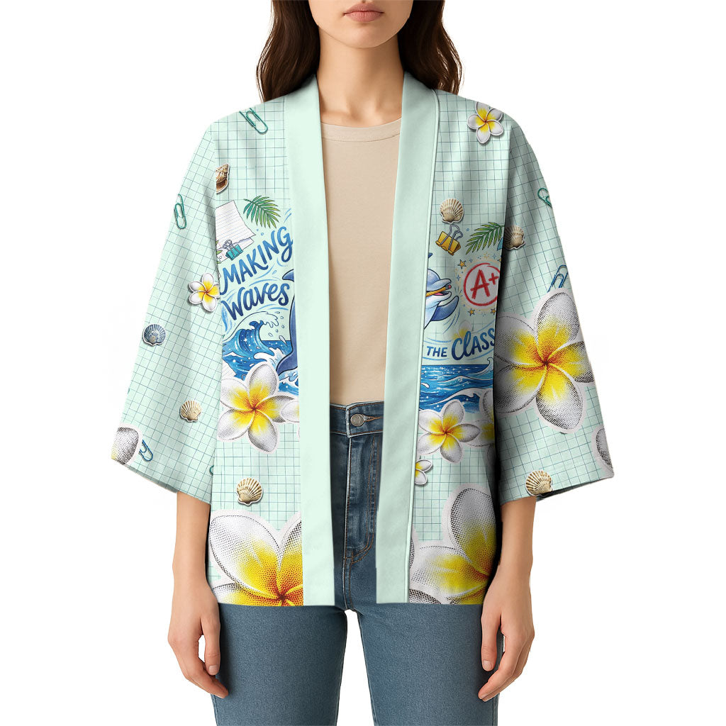 Personalized Hawaii Back To School Dolphin Kimono Grid Notebook Background With Dolphin Mascot And Plumeria Flowers TS04 - Polynesian Pride