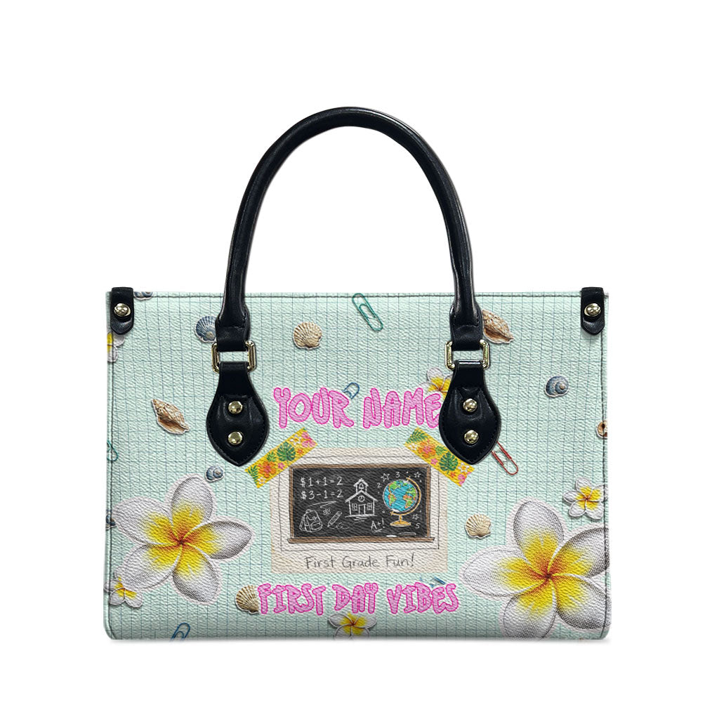Personalized Hawaii Back To School Dolphin Leather Bag Grid Notebook Background With Dolphin Mascot And Plumeria Flowers TS04 - Polynesian Pride