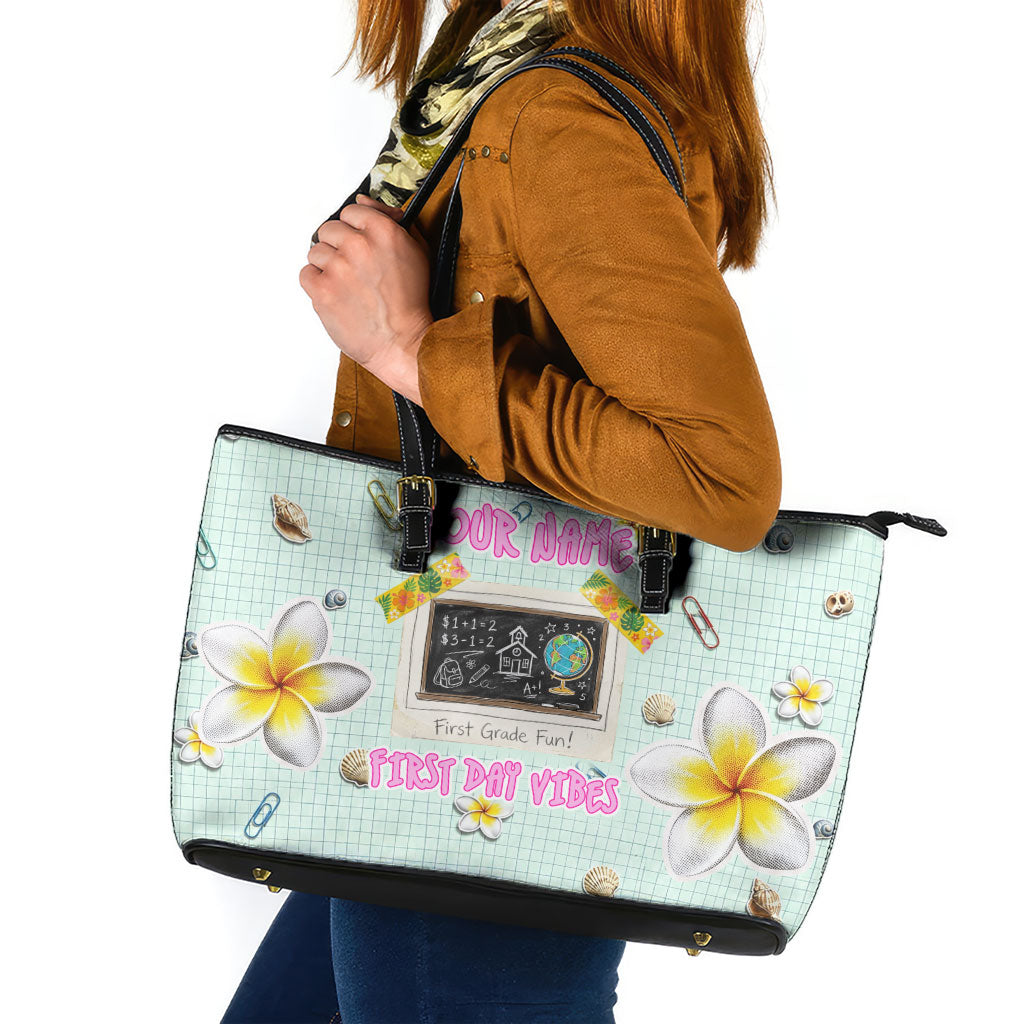 Personalized Hawaii Back To School Dolphin Leather Tote Bag Grid Notebook Background With Dolphin Mascot And Plumeria Flowers TS04 Green White - Polynesian Pride