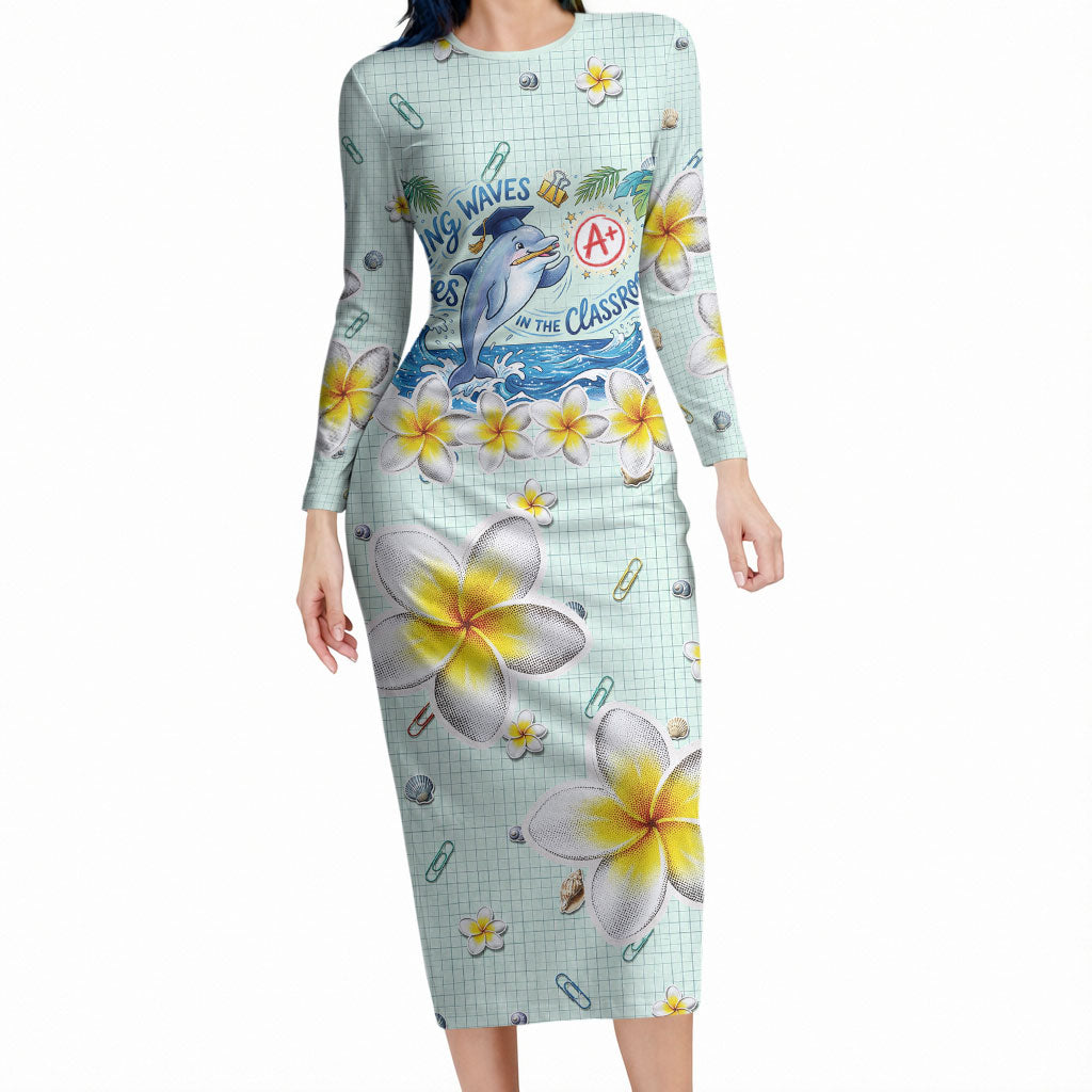 Personalized Hawaii Back To School Dolphin Long Sleeve Bodycon Dress Grid Notebook Background With Dolphin Mascot And Plumeria Flowers TS04 Long Dress Green White - Polynesian Pride