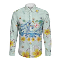 Personalized Hawaii Back To School Dolphin Long Sleeve Button Shirt Grid Notebook Background With Dolphin Mascot And Plumeria Flowers TS04 Unisex Green White - Polynesian Pride