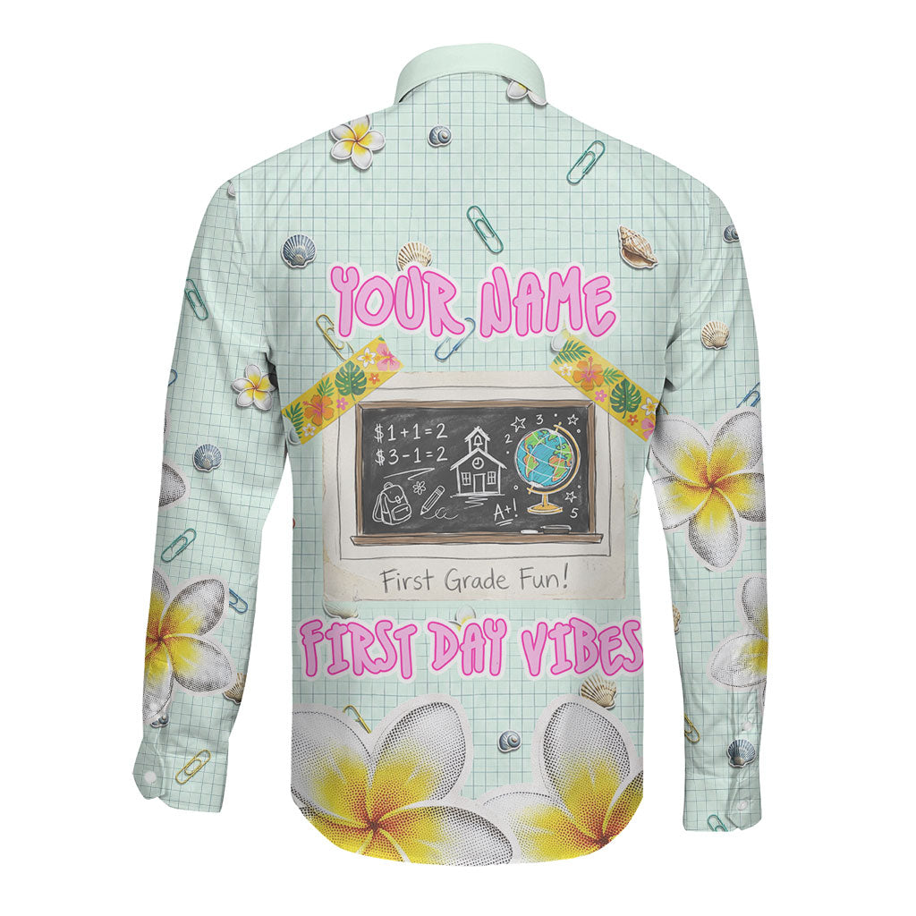 Personalized Hawaii Back To School Dolphin Long Sleeve Button Shirt Grid Notebook Background With Dolphin Mascot And Plumeria Flowers TS04 - Polynesian Pride