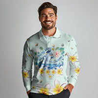 Personalized Hawaii Back To School Dolphin Long Sleeve Polo Shirt Grid Notebook Background With Dolphin Mascot And Plumeria Flowers TS04 - Polynesian Pride