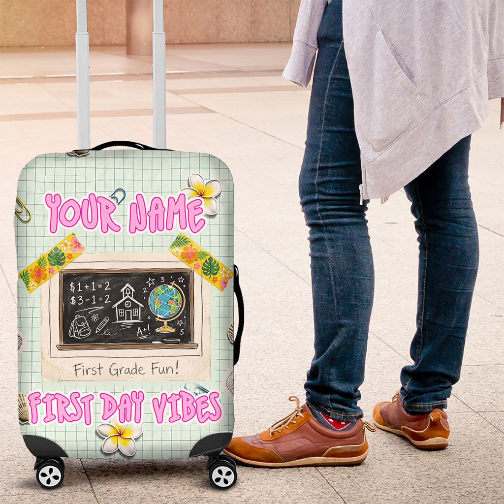 Personalized Hawaii Back To School Dolphin Luggage Cover Grid Notebook Background With Dolphin Mascot And Plumeria Flowers TS04 Green White - Polynesian Pride