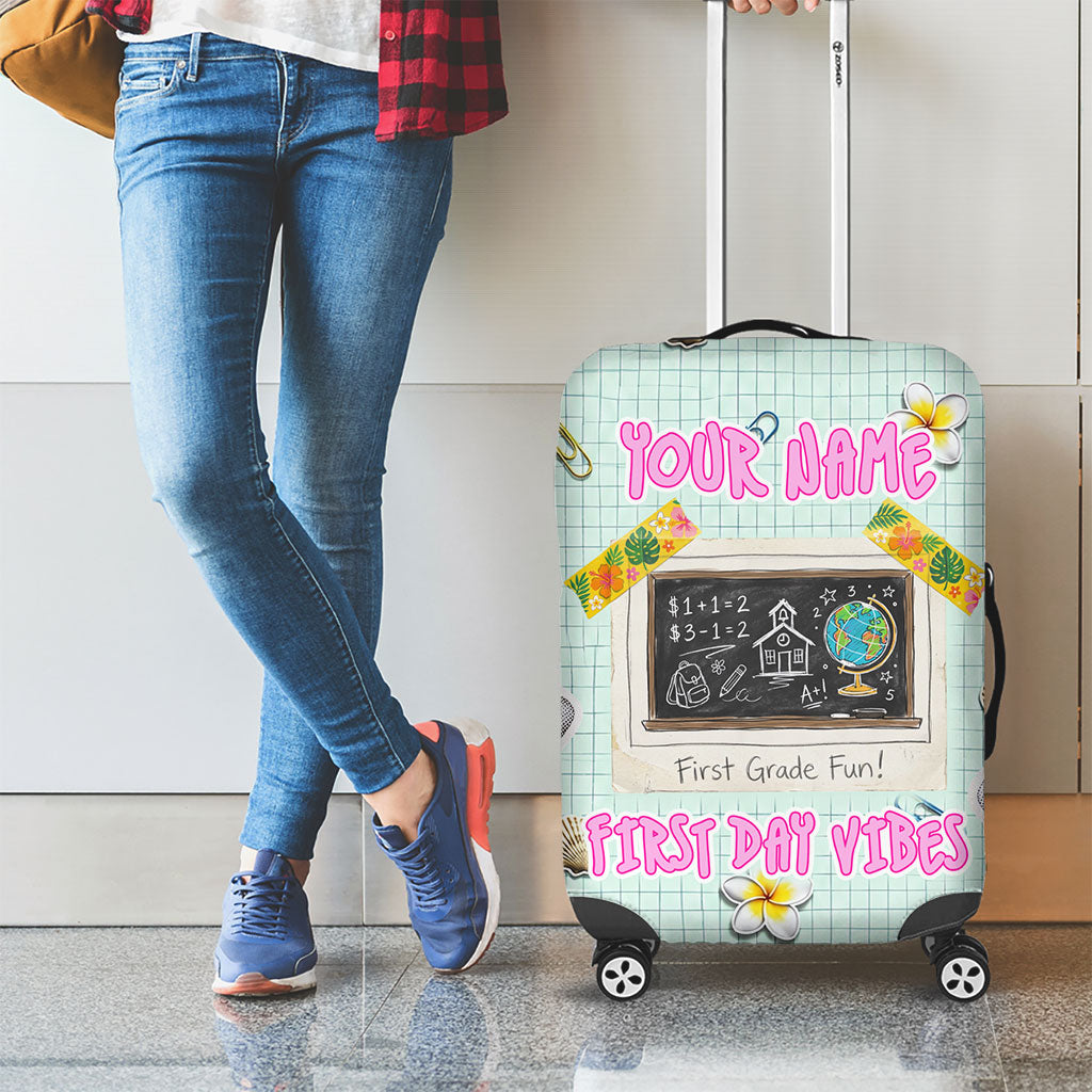 Personalized Hawaii Back To School Dolphin Luggage Cover Grid Notebook Background With Dolphin Mascot And Plumeria Flowers TS04 - Polynesian Pride