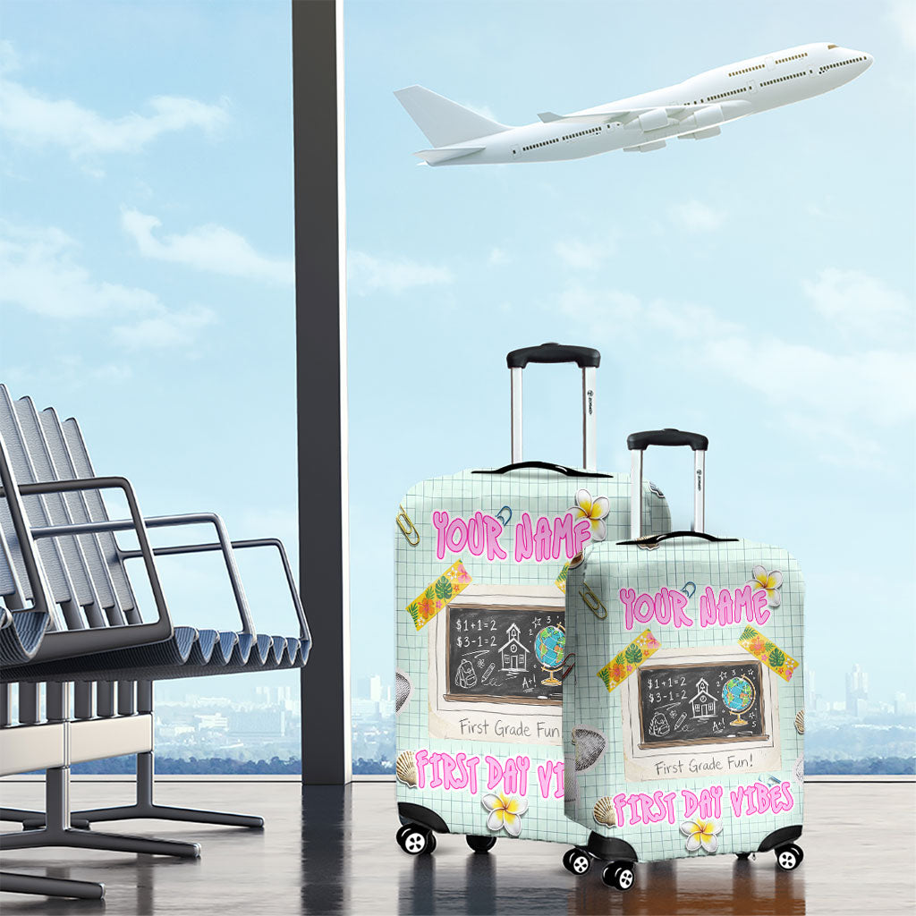 Personalized Hawaii Back To School Dolphin Luggage Cover Grid Notebook Background With Dolphin Mascot And Plumeria Flowers TS04 - Polynesian Pride