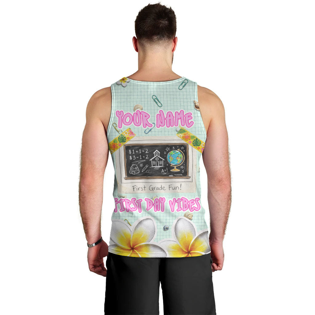 Personalized Hawaii Back To School Dolphin Men Tank Top Grid Notebook Background With Dolphin Mascot And Plumeria Flowers TS04 - Polynesian Pride
