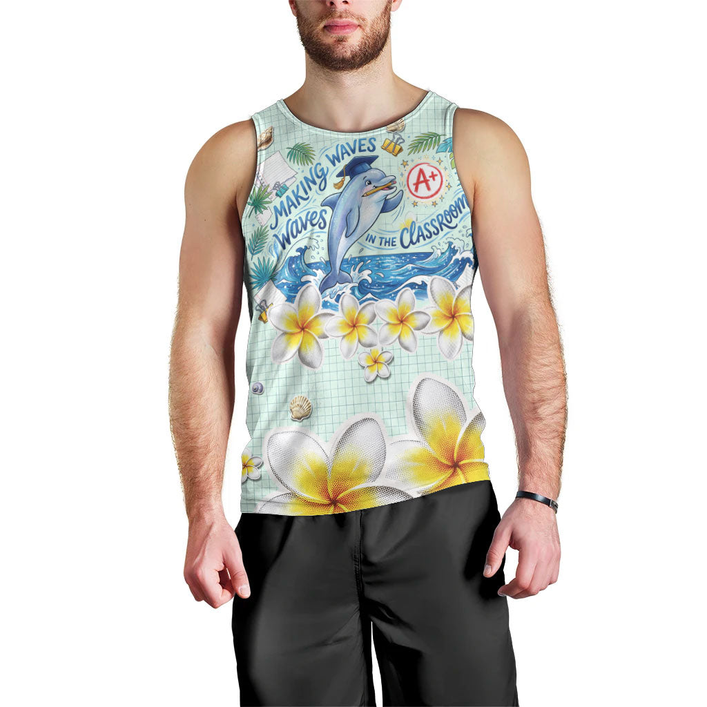 Personalized Hawaii Back To School Dolphin Men Tank Top Grid Notebook Background With Dolphin Mascot And Plumeria Flowers TS04 - Polynesian Pride