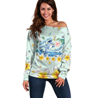 Personalized Hawaii Back To School Dolphin Off Shoulder Sweater Grid Notebook Background With Dolphin Mascot And Plumeria Flowers TS04 Women Green White - Polynesian Pride