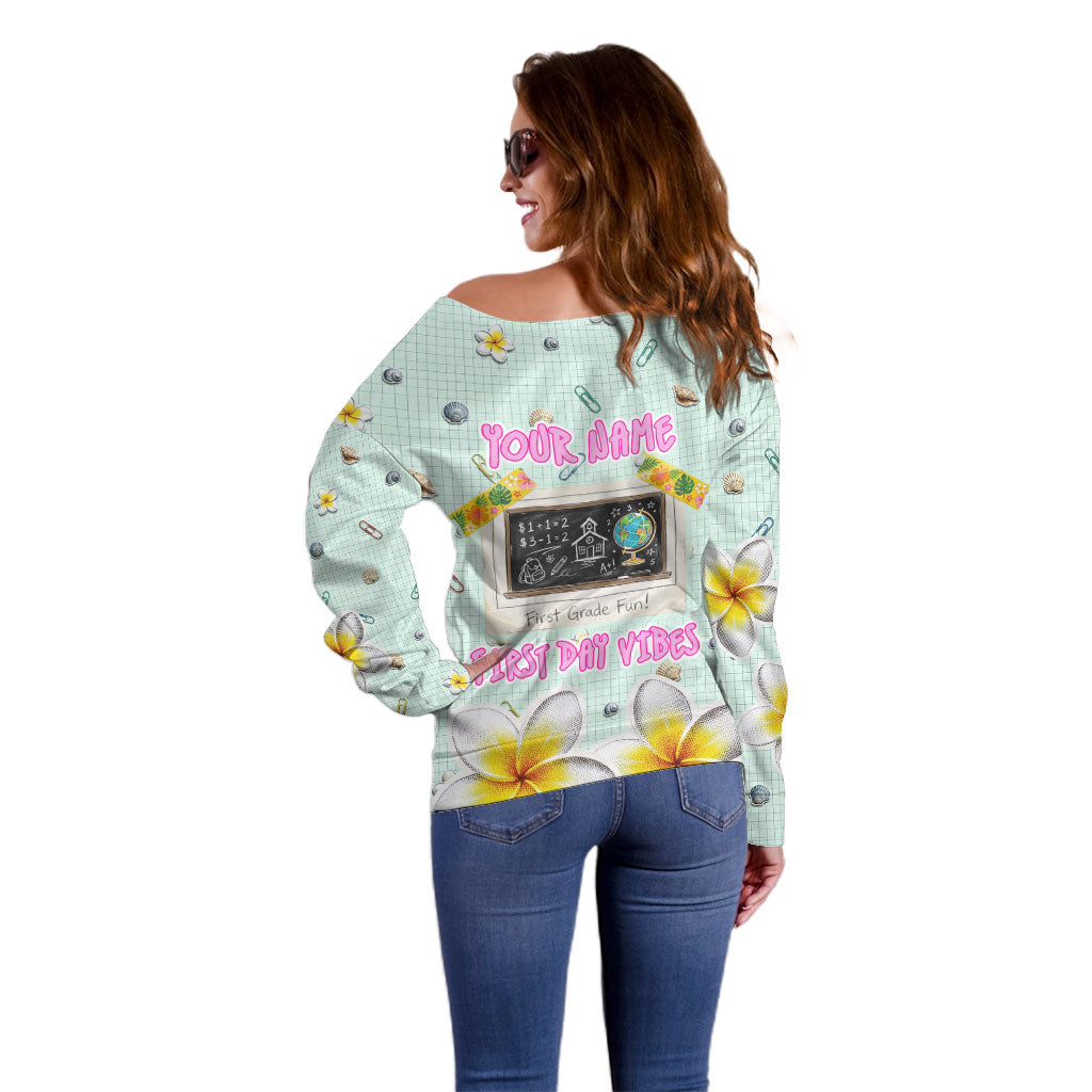 Personalized Hawaii Back To School Dolphin Off Shoulder Sweater Grid Notebook Background With Dolphin Mascot And Plumeria Flowers TS04 - Polynesian Pride