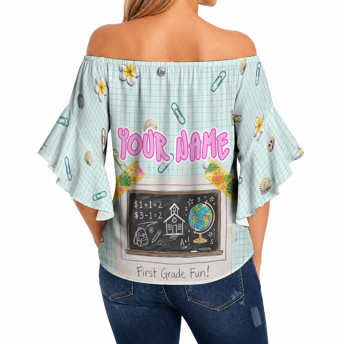 Personalized Hawaii Back To School Dolphin Off Shoulder Wrap Waist Top Grid Notebook Background With Dolphin Mascot And Plumeria Flowers TS04 - Polynesian Pride