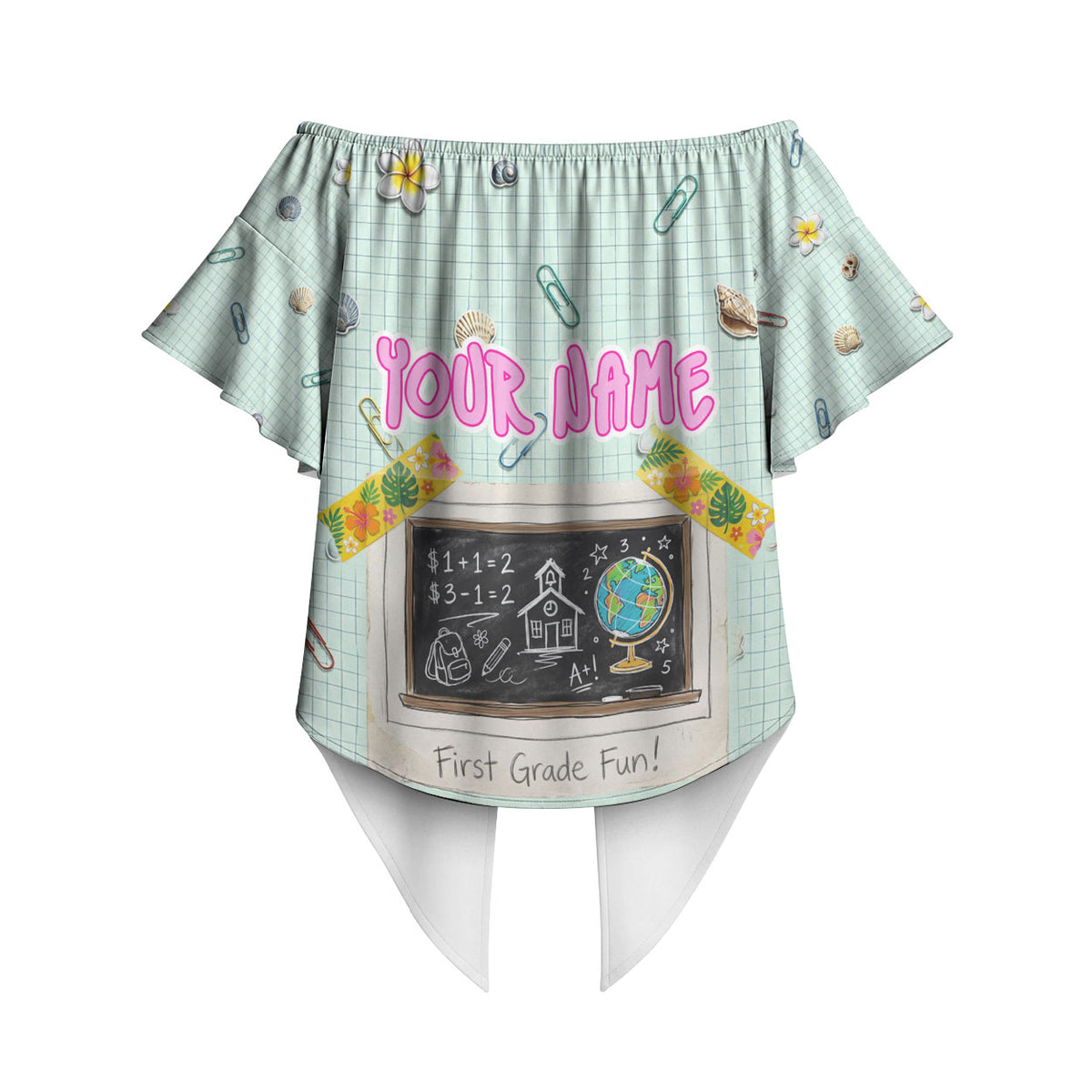 Personalized Hawaii Back To School Dolphin Off Shoulder Wrap Waist Top Grid Notebook Background With Dolphin Mascot And Plumeria Flowers TS04 - Polynesian Pride