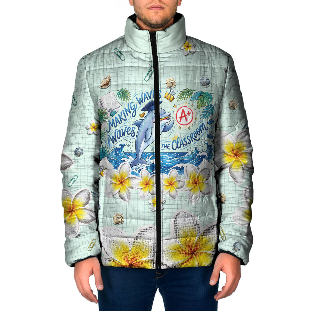 Personalized Hawaii Back To School Dolphin Padded Jacket Grid Notebook Background With Dolphin Mascot And Plumeria Flowers TS04 Men Green White - Polynesian Pride