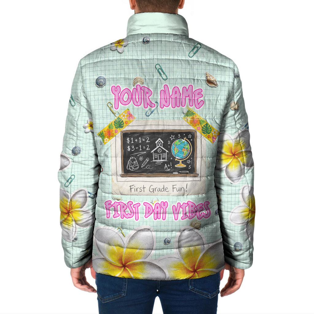 Personalized Hawaii Back To School Dolphin Padded Jacket Grid Notebook Background With Dolphin Mascot And Plumeria Flowers TS04 - Polynesian Pride