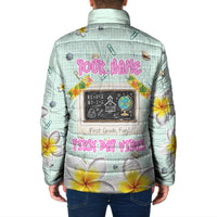 Personalized Hawaii Back To School Dolphin Padded Jacket Grid Notebook Background With Dolphin Mascot And Plumeria Flowers TS04 - Polynesian Pride