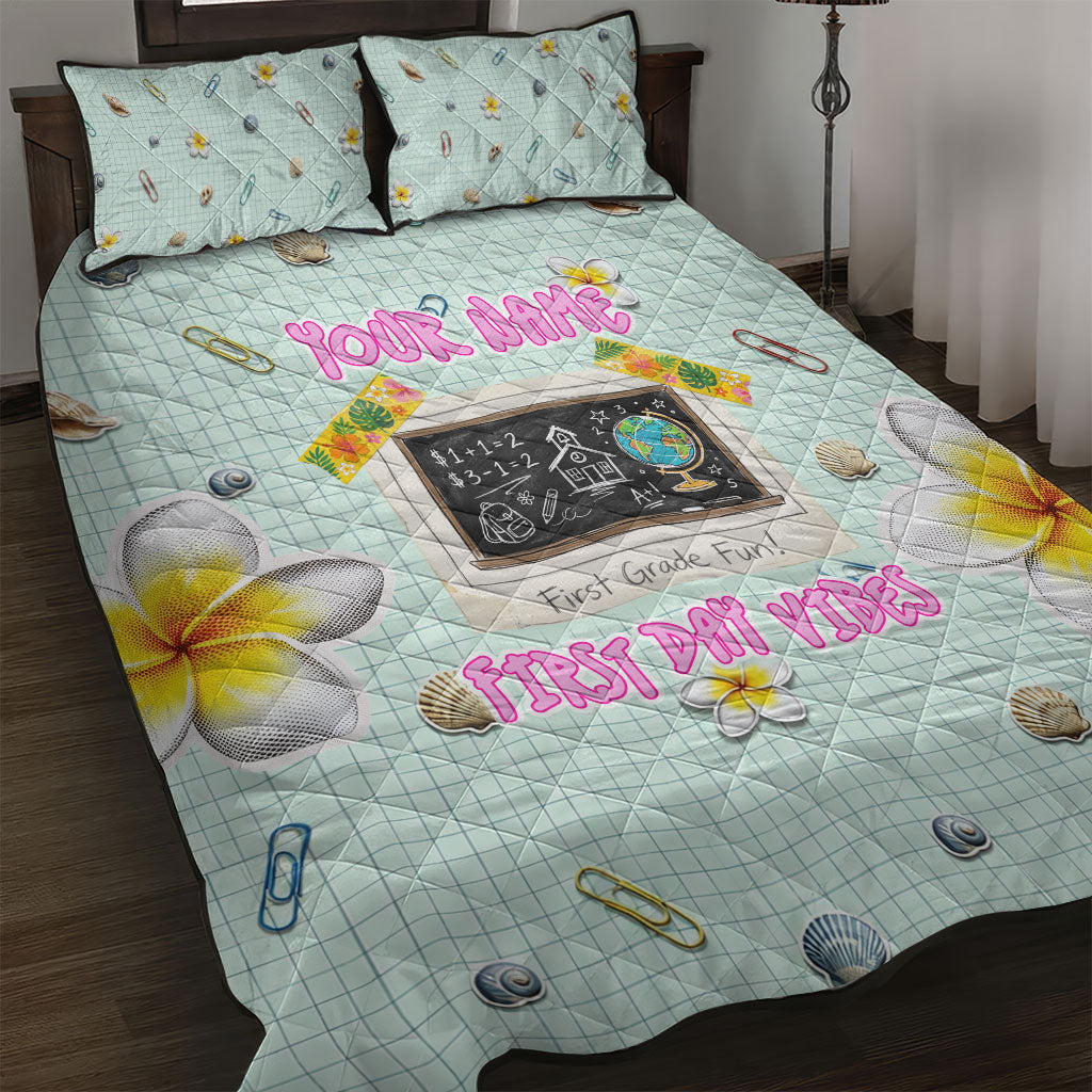Personalized Hawaii Back To School Dolphin Quilt Bed Set Grid Notebook Background With Dolphin Mascot And Plumeria Flowers TS04 Green White - Polynesian Pride