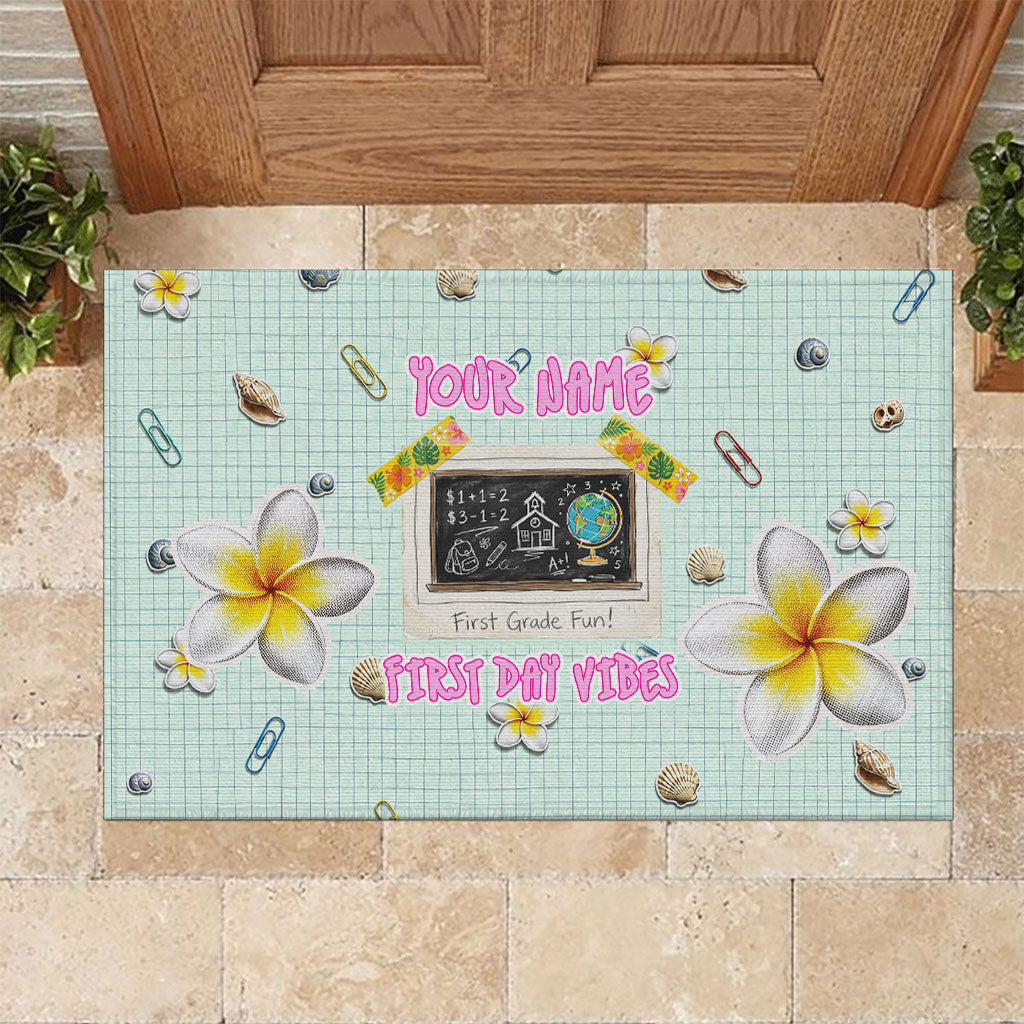 Personalized Hawaii Back To School Dolphin Rubber Doormat Grid Notebook Background With Dolphin Mascot And Plumeria Flowers TS04 Green White - Polynesian Pride
