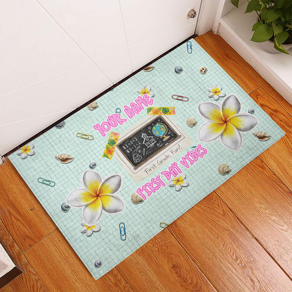 Personalized Hawaii Back To School Dolphin Rubber Doormat Grid Notebook Background With Dolphin Mascot And Plumeria Flowers TS04 - Polynesian Pride