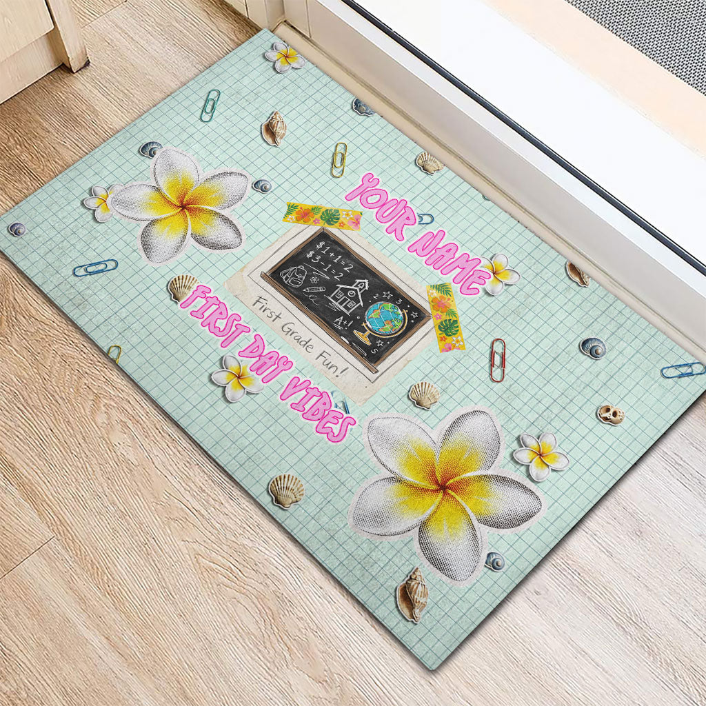 Personalized Hawaii Back To School Dolphin Rubber Doormat Grid Notebook Background With Dolphin Mascot And Plumeria Flowers TS04 - Polynesian Pride
