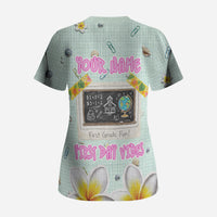 Personalized Hawaii Back To School Dolphin Scrub Top Grid Notebook Background With Dolphin Mascot And Plumeria Flowers TS04 - Polynesian Pride
