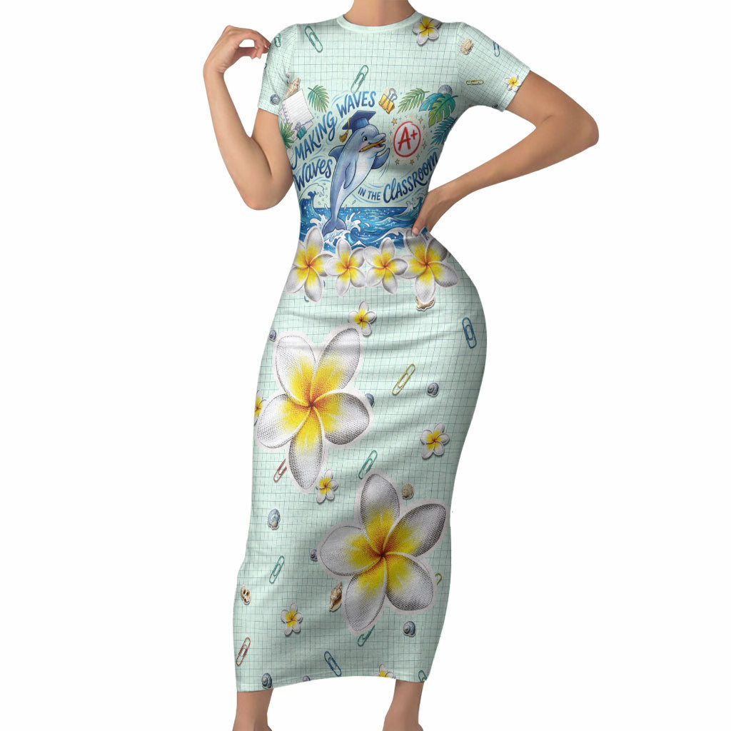 Personalized Hawaii Back To School Dolphin Short Sleeve Bodycon Dress Grid Notebook Background With Dolphin Mascot And Plumeria Flowers TS04 Long Dress Green White - Polynesian Pride