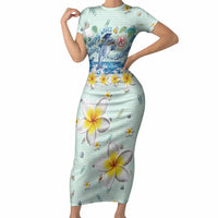 Personalized Hawaii Back To School Dolphin Short Sleeve Bodycon Dress Grid Notebook Background With Dolphin Mascot And Plumeria Flowers TS04 Long Dress Green White - Polynesian Pride