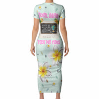 Personalized Hawaii Back To School Dolphin Short Sleeve Bodycon Dress Grid Notebook Background With Dolphin Mascot And Plumeria Flowers TS04 - Polynesian Pride