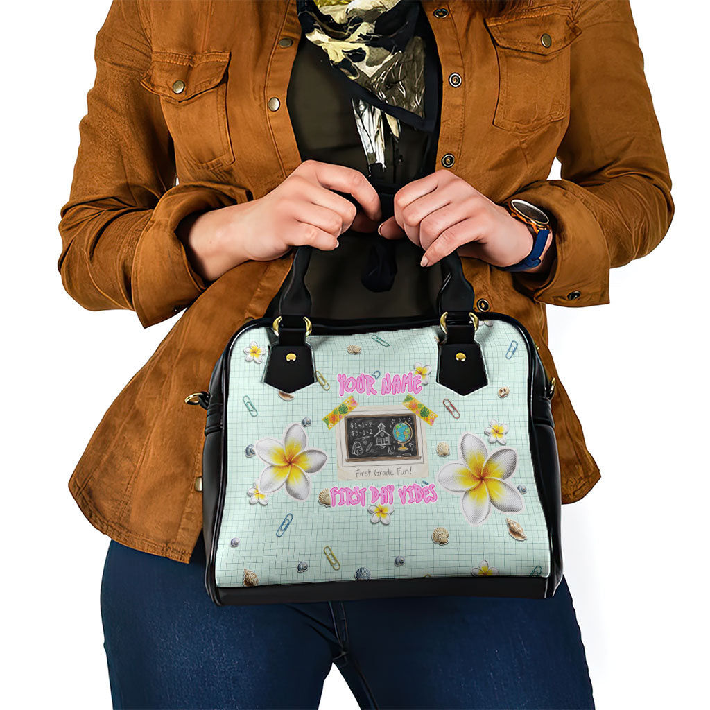 Personalized Hawaii Back To School Dolphin Shoulder Handbag Grid Notebook Background With Dolphin Mascot And Plumeria Flowers TS04 - Polynesian Pride