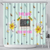 Personalized Hawaii Back To School Dolphin Shower Curtain Grid Notebook Background With Dolphin Mascot And Plumeria Flowers TS04 - Polynesian Pride