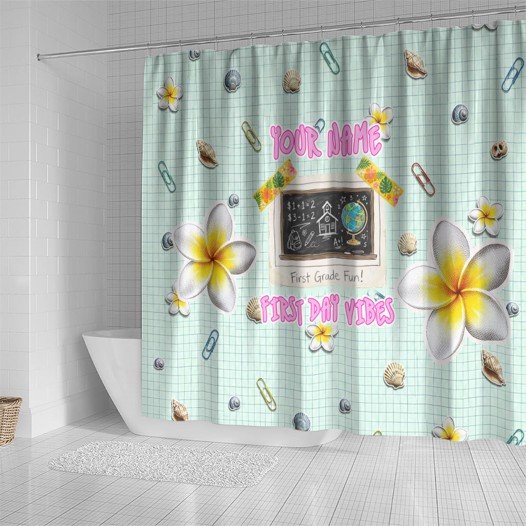 Personalized Hawaii Back To School Dolphin Shower Curtain Grid Notebook Background With Dolphin Mascot And Plumeria Flowers TS04 - Polynesian Pride