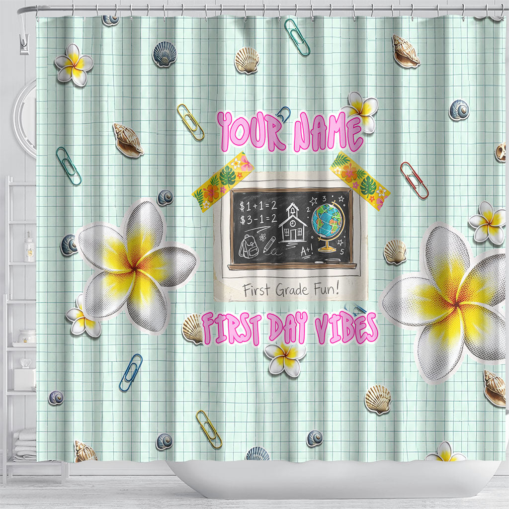 Personalized Hawaii Back To School Dolphin Shower Curtain Grid Notebook Background With Dolphin Mascot And Plumeria Flowers TS04 - Polynesian Pride