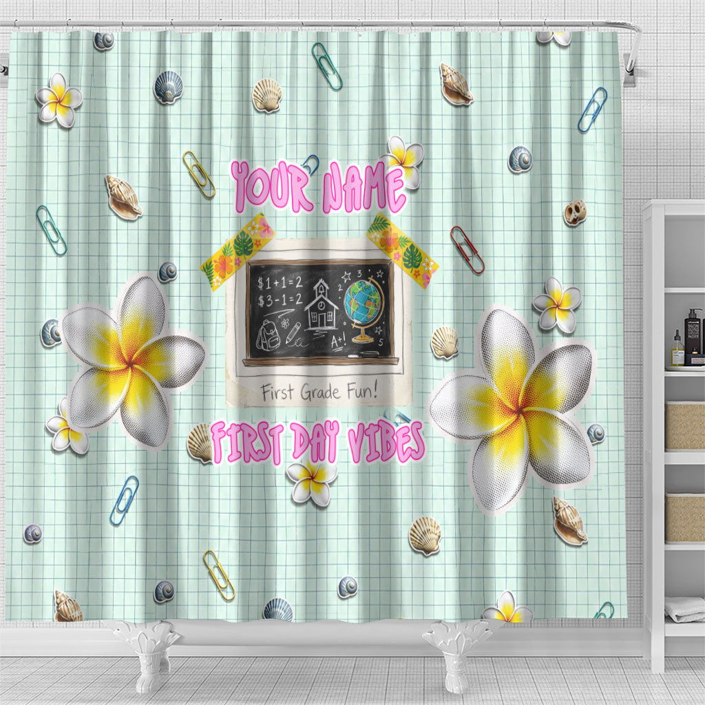 Personalized Hawaii Back To School Dolphin Shower Curtain Grid Notebook Background With Dolphin Mascot And Plumeria Flowers TS04 - Polynesian Pride