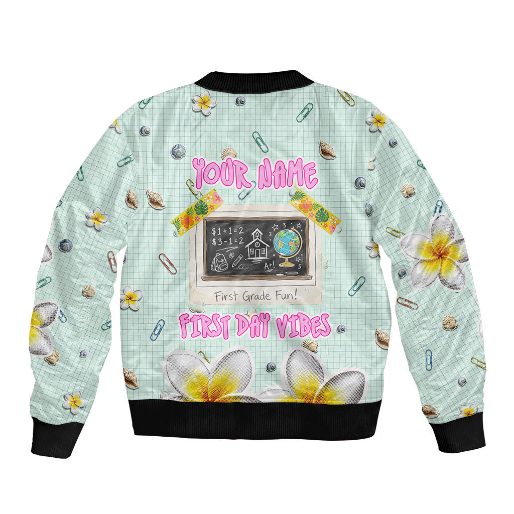Personalized Hawaii Back To School Dolphin Sleeve Zip Bomber Jacket Grid Notebook Background With Dolphin Mascot And Plumeria Flowers TS04 - Polynesian Pride