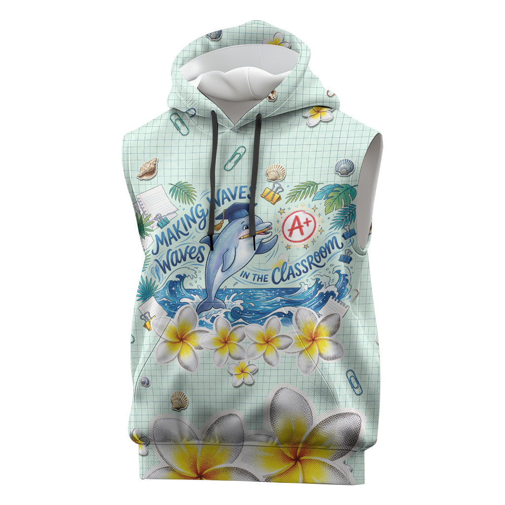 Personalized Hawaii Back To School Dolphin Sleeveless Hoodie Grid Notebook Background With Dolphin Mascot And Plumeria Flowers TS04 Green White - Polynesian Pride