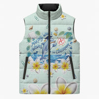 Personalized Hawaii Back To School Dolphin Sleeveless Puffer Jacket Grid Notebook Background With Dolphin Mascot And Plumeria Flowers TS04 Unisex Green White - Polynesian Pride