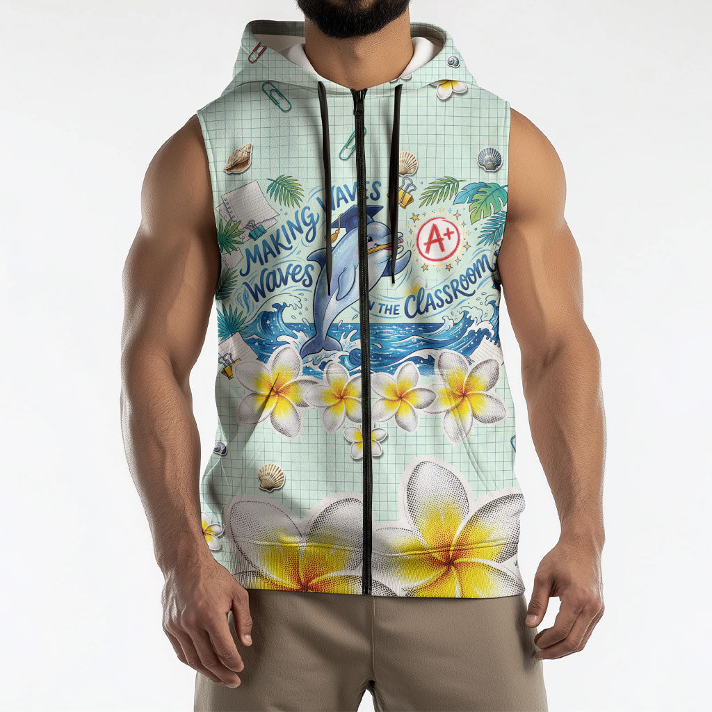 Personalized Hawaii Back To School Dolphin Sleeveless Zip Hoodie Grid Notebook Background With Dolphin Mascot And Plumeria Flowers TS04 - Polynesian Pride