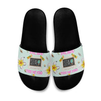 Personalized Hawaii Back To School Dolphin Slide Sandals Grid Notebook Background With Dolphin Mascot And Plumeria Flowers TS04 Green White - Polynesian Pride