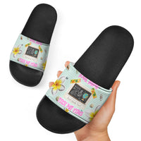 Personalized Hawaii Back To School Dolphin Slide Sandals Grid Notebook Background With Dolphin Mascot And Plumeria Flowers TS04 - Polynesian Pride