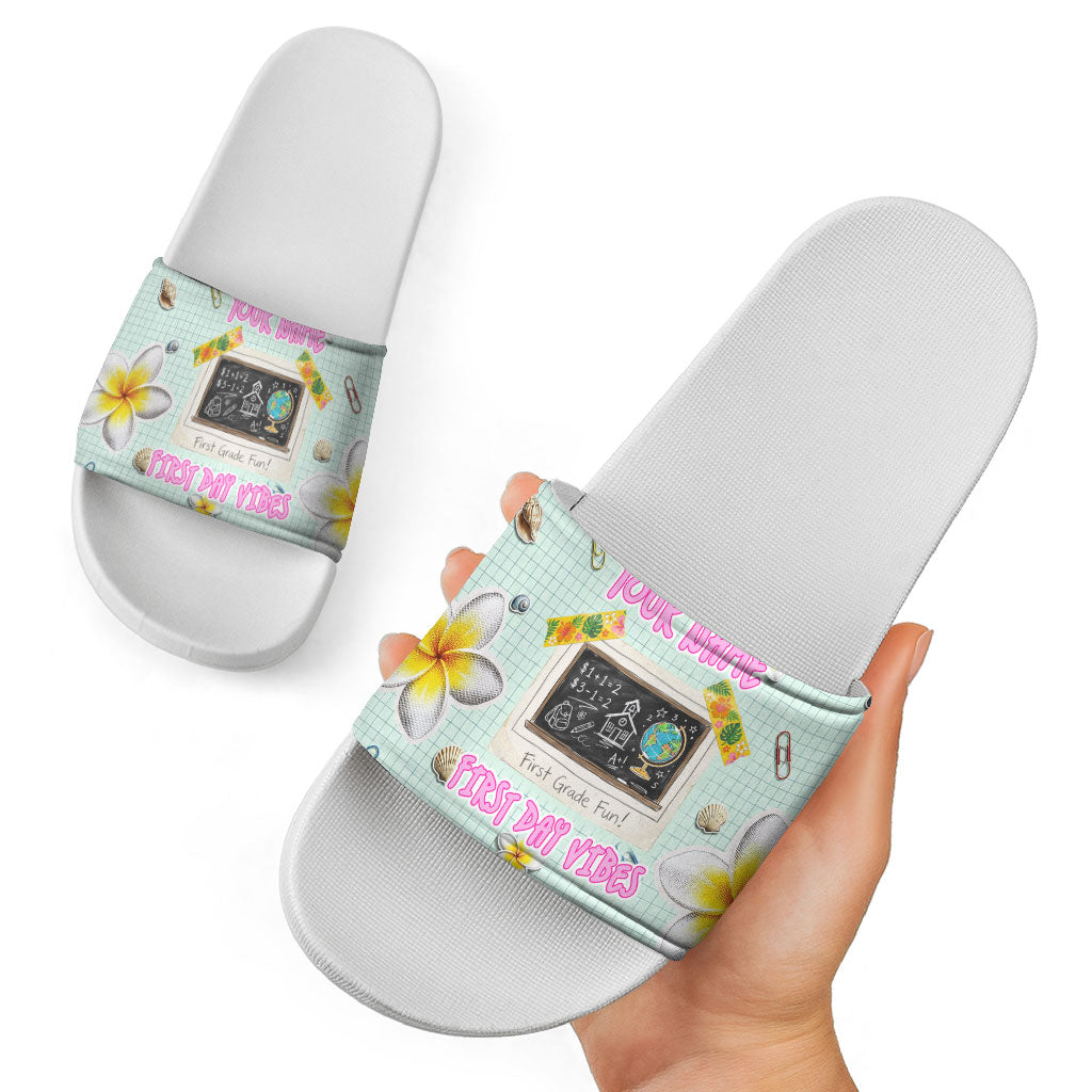 Personalized Hawaii Back To School Dolphin Slide Sandals Grid Notebook Background With Dolphin Mascot And Plumeria Flowers TS04 - Polynesian Pride