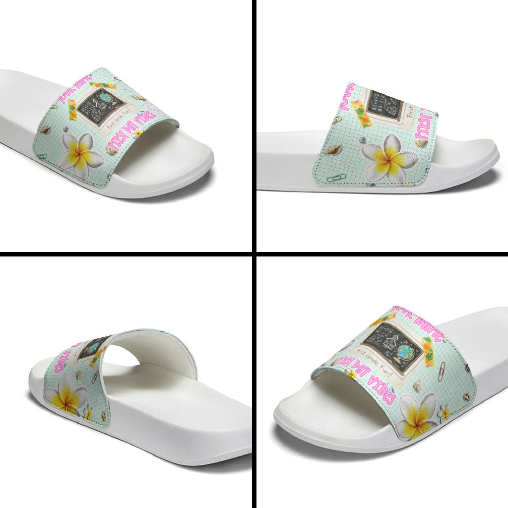 Personalized Hawaii Back To School Dolphin Slide Sandals Grid Notebook Background With Dolphin Mascot And Plumeria Flowers TS04 - Polynesian Pride
