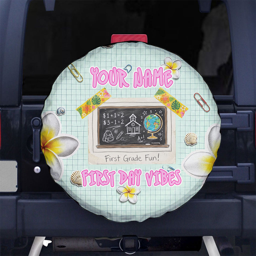 Personalized Hawaii Back To School Dolphin Spare Tire Cover Grid Notebook Background With Dolphin Mascot And Plumeria Flowers TS04 No hole Green White - Polynesian Pride