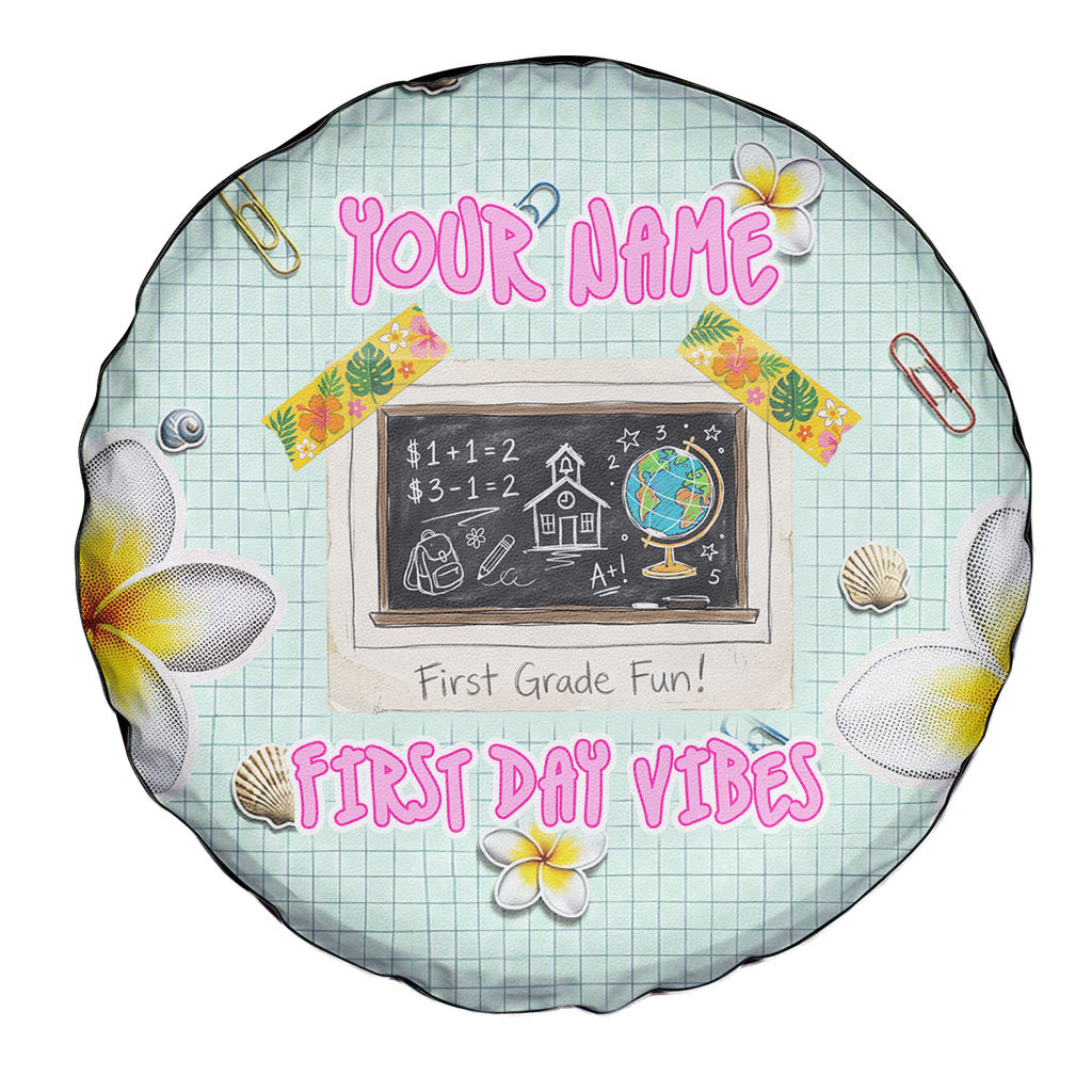 Personalized Hawaii Back To School Dolphin Spare Tire Cover Grid Notebook Background With Dolphin Mascot And Plumeria Flowers TS04 - Polynesian Pride