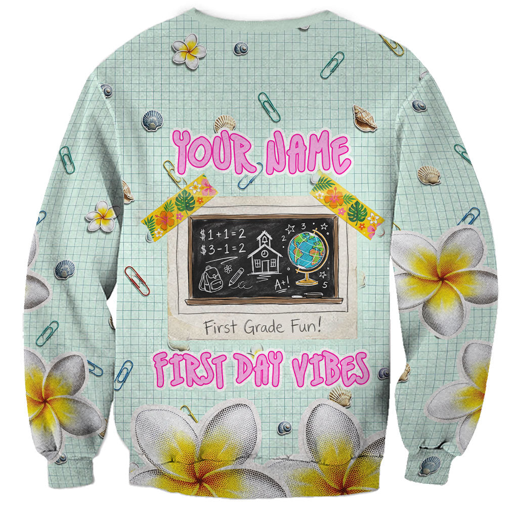 Personalized Hawaii Back To School Dolphin Sweatshirt Grid Notebook Background With Dolphin Mascot And Plumeria Flowers TS04 - Polynesian Pride