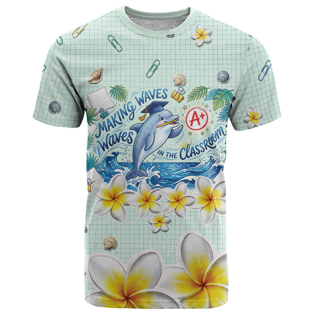 Personalized Hawaii Back To School Dolphin T Shirt Grid Notebook Background With Dolphin Mascot And Plumeria Flowers TS04 Green White - Polynesian Pride
