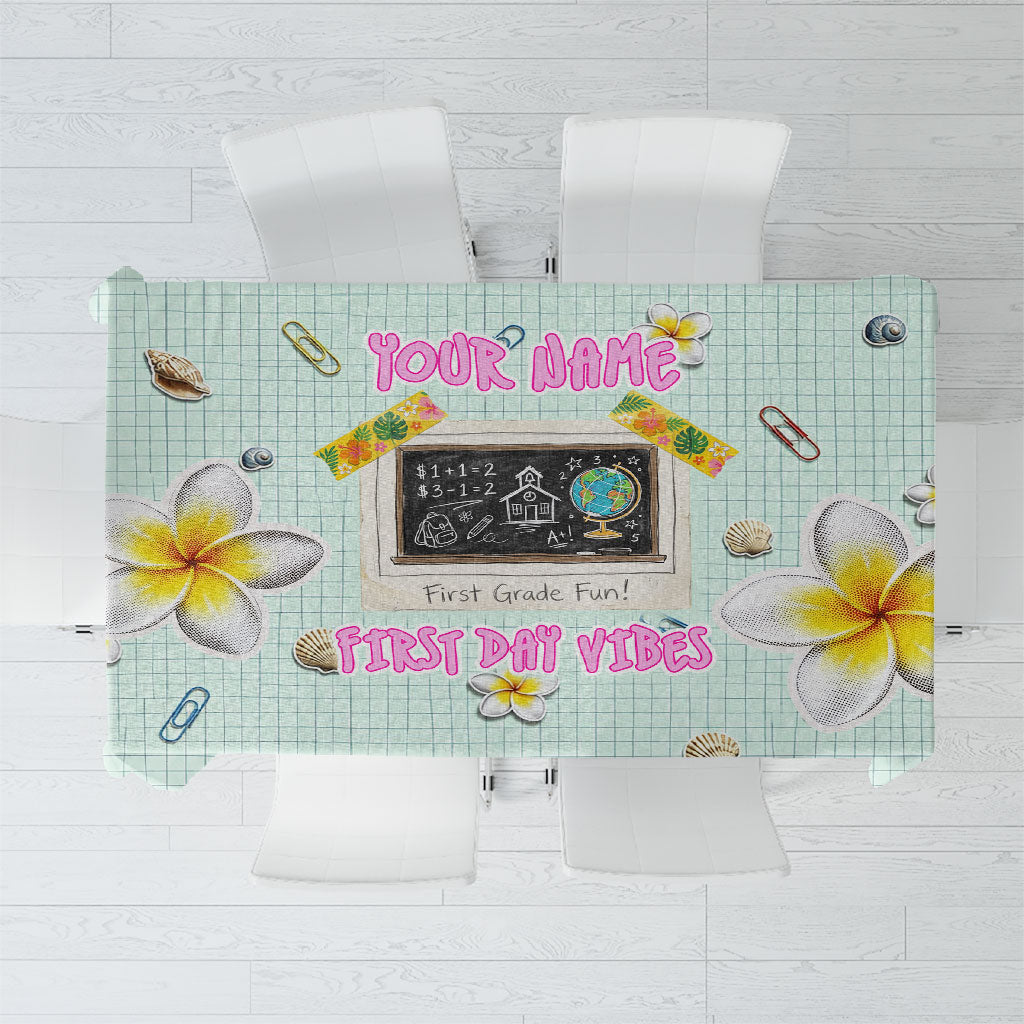 Personalized Hawaii Back To School Dolphin Tablecloth Grid Notebook Background With Dolphin Mascot And Plumeria Flowers TS04 Green White - Polynesian Pride