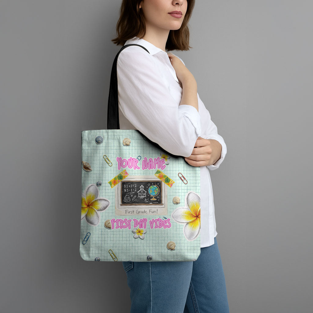 Personalized Hawaii Back To School Dolphin Tote Bag Grid Notebook Background With Dolphin Mascot And Plumeria Flowers TS04 - Polynesian Pride