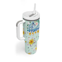 Personalized Hawaii Back To School Dolphin Tumbler With Handle Grid Notebook Background With Dolphin Mascot And Plumeria Flowers TS04 - Polynesian Pride