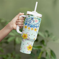 Personalized Hawaii Back To School Dolphin Tumbler With Handle Grid Notebook Background With Dolphin Mascot And Plumeria Flowers TS04 - Polynesian Pride
