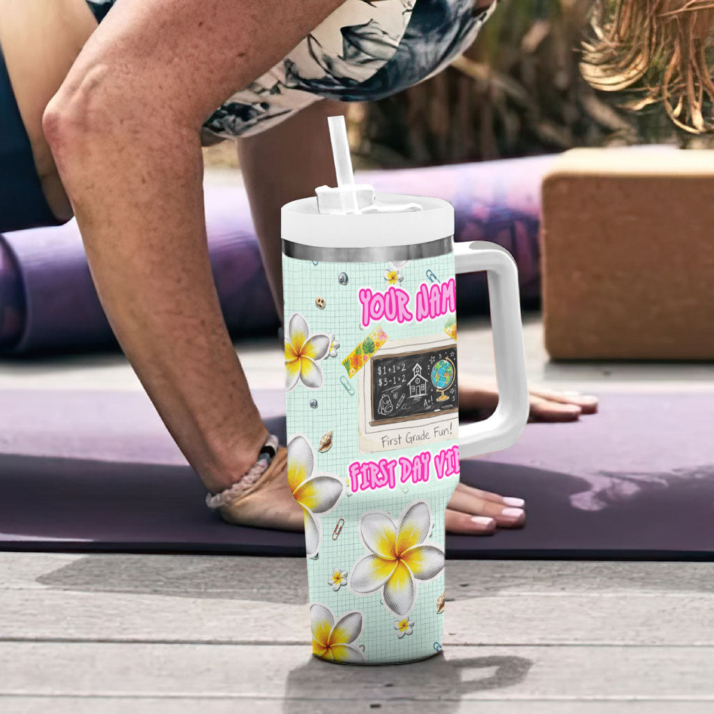 Personalized Hawaii Back To School Dolphin Tumbler With Handle Grid Notebook Background With Dolphin Mascot And Plumeria Flowers TS04 - Polynesian Pride